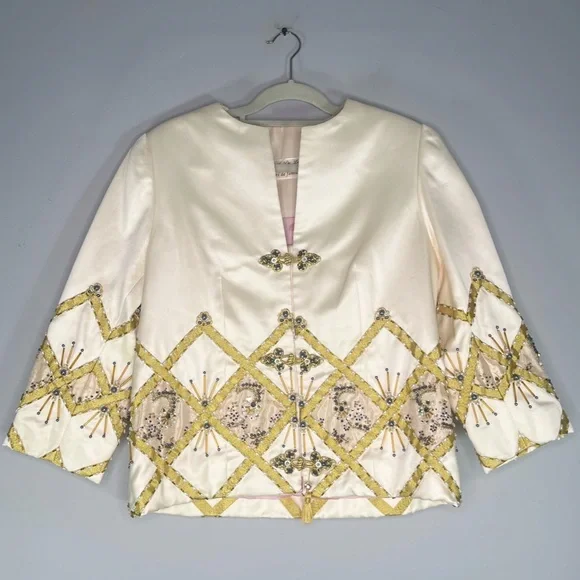 House of De Langhe Vintage Beaded Satin 3/4 Sleeve Blazer Jacket Cream Ivory - Picture 1 of 11